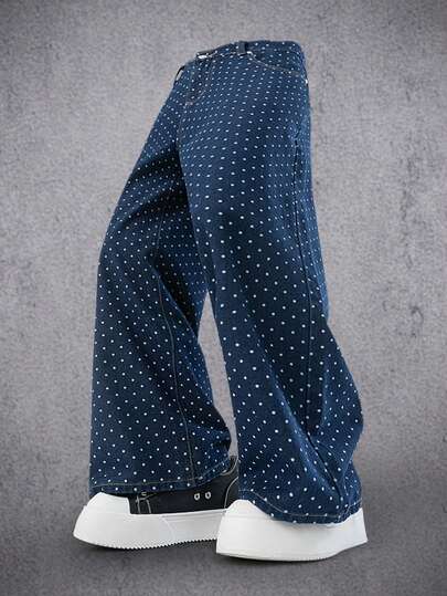 Manfinity Denimwave Men's Streetwear Polka Dot Loose Fit Casual Wide Leg Pants Baggy Washed Blue Party College Distressed Jeans For Unisex Polka Dot Pants