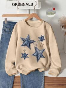 Sparklyn 女童圆领羊毛衫，休闲百搭牛仔效果五角星印花图案，适合秋冬季 - 卡其色 - 查看 1