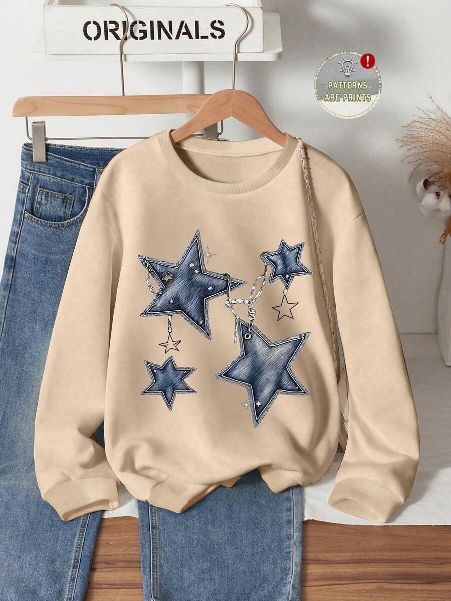 Sparklyn 女童圆领羊毛衫，休闲百搭牛仔效果五角星印花图案，适合秋冬季 - 卡其色 - 查看 1