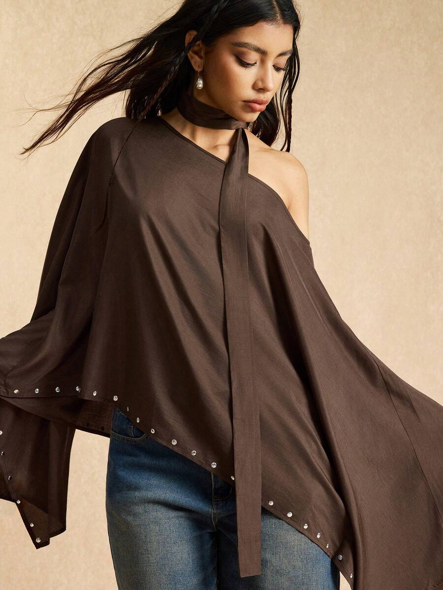 Easelle 复古休闲波西米亚摩卡色缎面不对称下摆女式棕色上衣假日派对宽松热盘 - 摩卡棕 - 查看 1