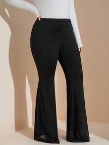 SHEIN Tall CURVE 加大码纯色简约喇叭裤，女士休闲日常秋季服装 - 黑色 - 查看 4