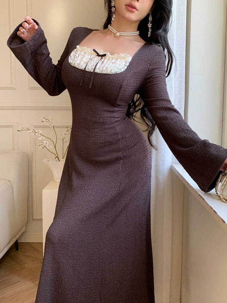 Feyla فستان نسائي أنيق للتنقل مع لمسات من الألوان المتباينة والدانتيل والأكمام الجرس - بني - مشاهدة 3