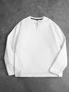 Manfinity Hypemode Áo thun nam tay dài cổ khoét đơn giản, màu trơn, thoải mái khi đi làm hàng ngày, mùa xuân/thu - trắng - Xem 1