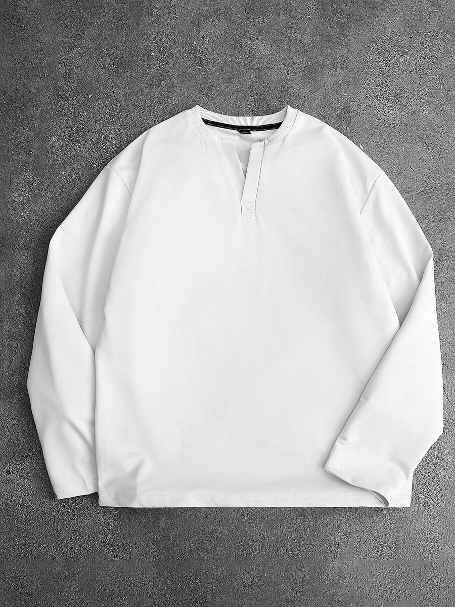 Manfinity Hypemode Áo thun nam tay dài cổ khoét đơn giản, màu trơn, thoải mái khi đi làm hàng ngày, mùa xuân/thu - trắng - Xem 1