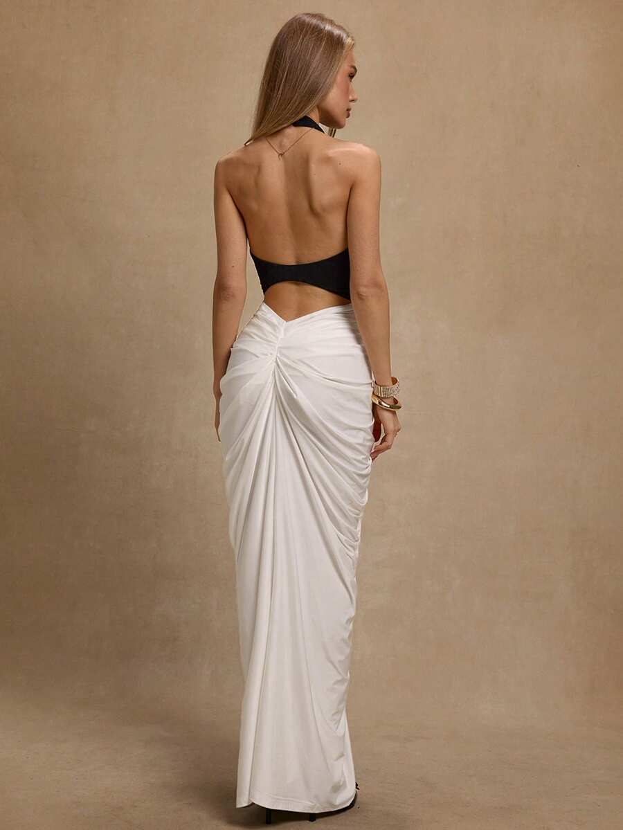 SHEIN BAE Women's Black & White Patchwork Halter Neck Sleeveless V-WaisRucheded Fishtail Hem Elegant Dress, Suitable For Romantic Dates, Banquets, Elegant Outings, Parties, Wedding Guest Dresses,  Holiday Dresses,Birthday Dress