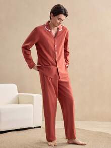 EverLounge Conjunto de ropa de estar cómoda y casual 100% algodón para hombres, apto para uso en interiores y exteriores, ropa de invierno - Óxido marrón - Ver 3