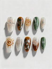 ROMWE Fairycore 10片秋季星月手绘假指甲 + 3片双面胶可移除美甲贴纸，高光泽彩色美甲，适合节日派对、舞蹈和日常佩戴 - 彩色 - 查看 1