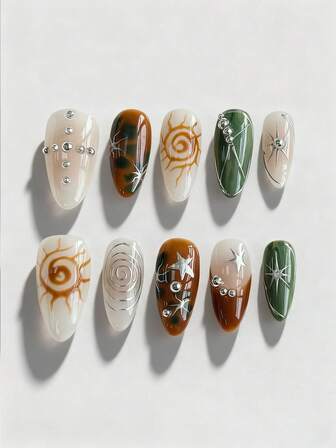 Fairycore 10pcs Fall Star & Moon Hand-Painted False Nails + 3pcs Double-Sided Adhesive, Removable Manicure Stickers, High Gloss Colorful Nail Art, Fit For Holiday Party, Dance & Daily Wear