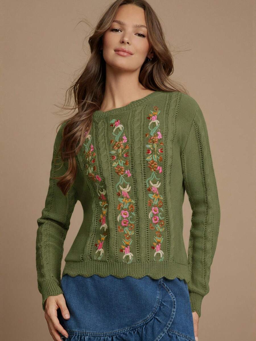 WESTFADE Floral Embroidered Cable Knit Crew Neck Long Sleeve Relaxed Knit Sweater - Green - View 1