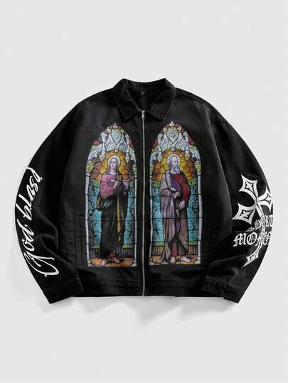 Street Life Giacca di jeans con chiusura lampo e stampa, moda di strada da uomo