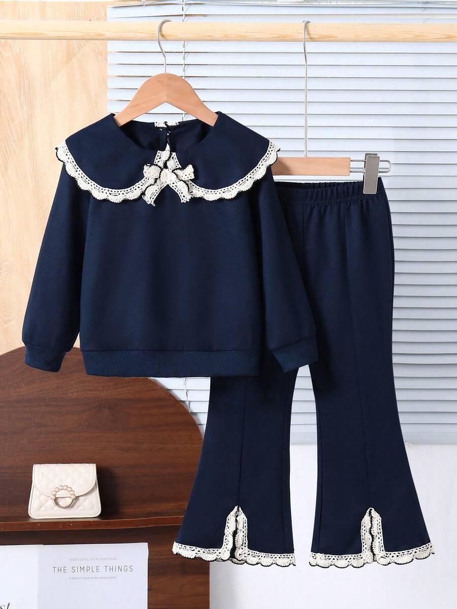 Young Girl Sweet & Cute Long Sleeve Peter Pan Collar Sweatshirt, Paired With Beige Flared Pants Set, Fashionable & Minimalist For Commuting, Autumn/Winter - Navy Blue - View 1