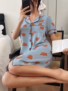 Áo khoác cardigan ve áo in hình gấu cho nữ - Màu xanh lam - Xem 4