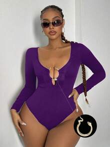 Maweii Plus Size Solid Color Ring Decor Sexy Bodysuit - Purple - View 1