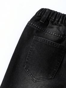 Calça jeans rasgada para meninos pré-adolescentes, jeans preto, estilo casual de rua, mistura de algodão confortável, adequada para uso diário, escola, passeios, temporada de volta às aulas, novidade - Preto - Ver 5