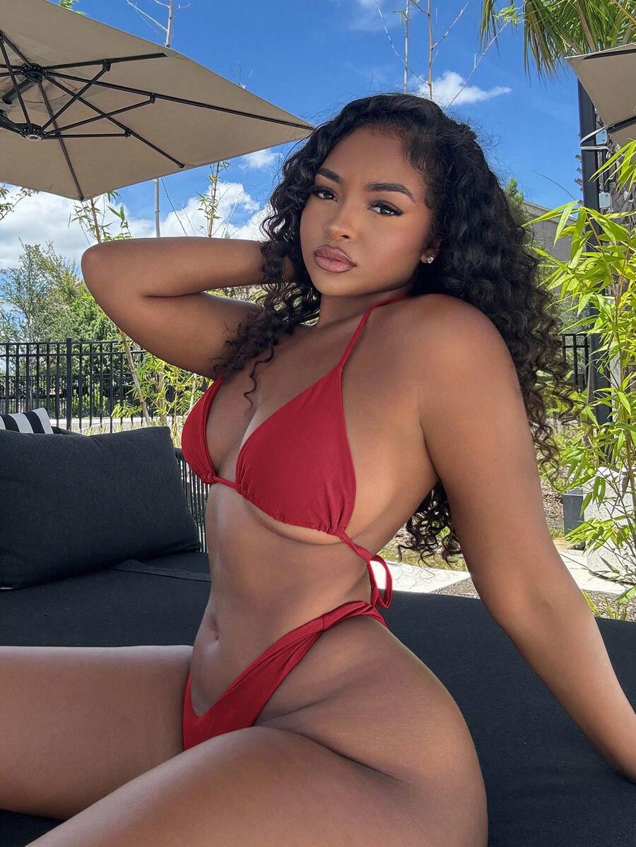 Alexandranx 女士简约时尚沙滩装，休闲日常泳装套装 - 酒紅色 - 查看 1