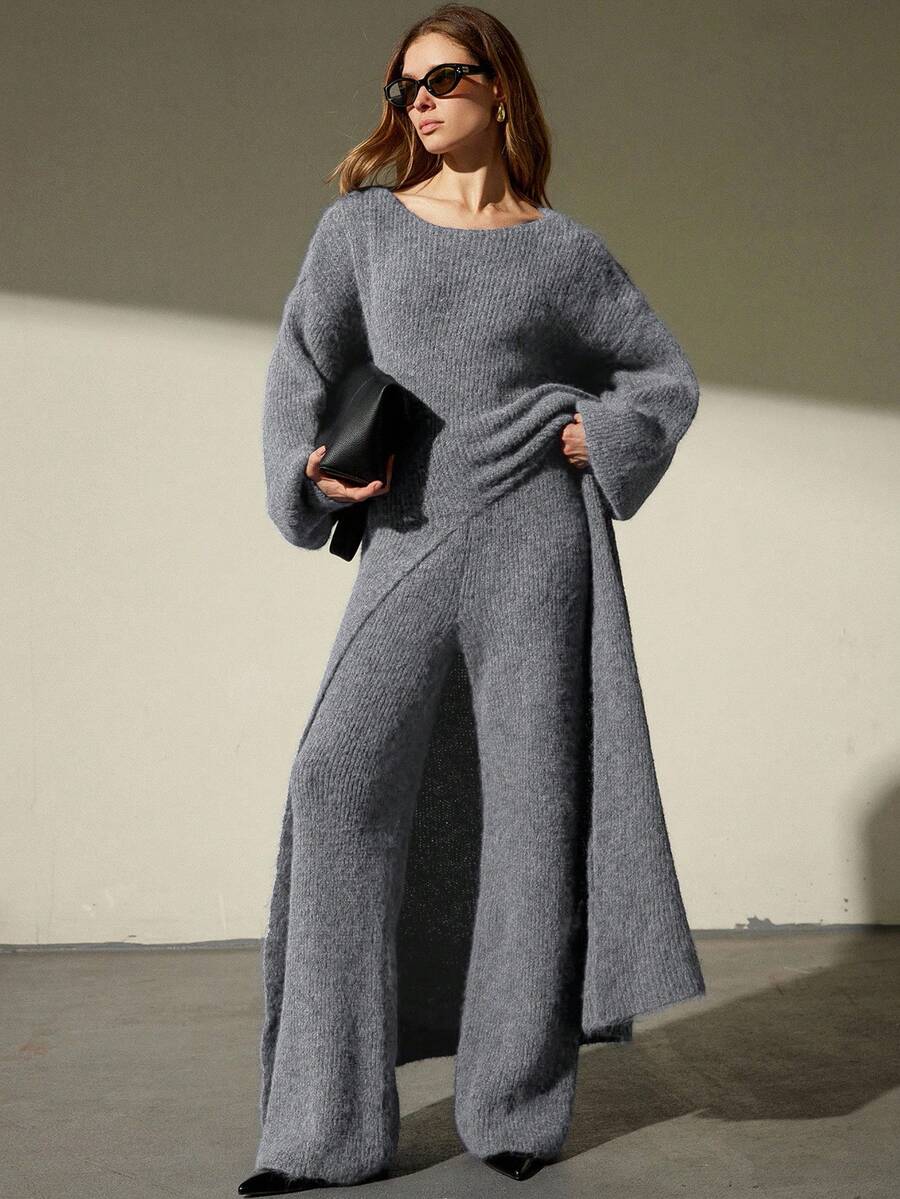 Aveloria Modichic 2pcs Set: Stylish Asymmetric Hem Long Sleeve Sweater & Pants, Casual Loungewear - Grey - View 1