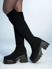 Sugerpunk 女式哥特式圆头粗跟网眼弹力过膝靴，时尚户外春秋新款一脚蹬款式