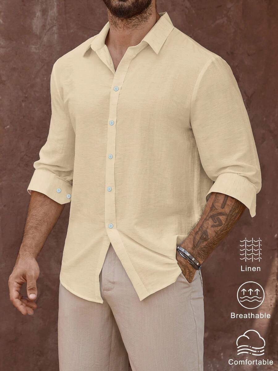 Manfinity Homme Men's Mature Vacation Linen Blend Long Sleeve Shirt - Champagne - View 1