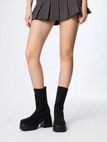 Sugerpunk Women's Gothic Round Toe Chunky Heel Mesh Elastic Ankle Boots, Outdoor Slip-On Mid-Calf Boots, Spring/Autumn New Style - Black - View 2