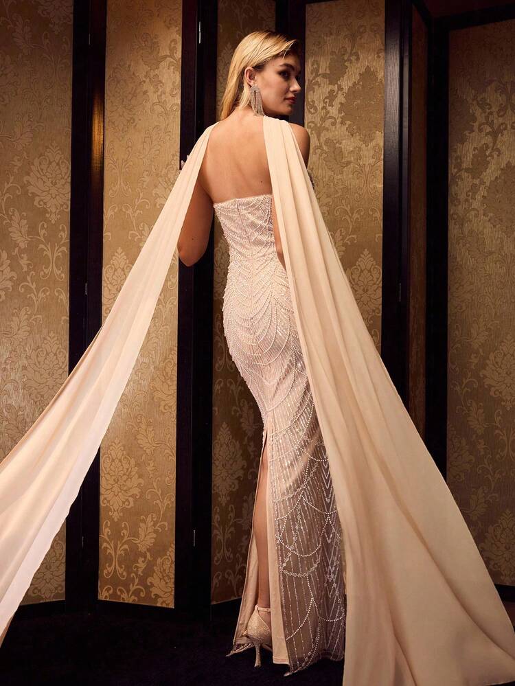 MOTF Soiréza 高級女性用取り外し可能なショール ストラップレス マーメイド フロアレングス イブニングドレス、ウェディング、ガラ、特別な機会に着用できる、フィットしたきらびやかなビーズ付きファブリックガウン