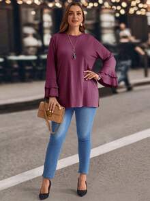 EMERY ROSE T-shirt casual à manches évasées et fente latérale violet pour femmes grandes tailles - Prune - Voir 5