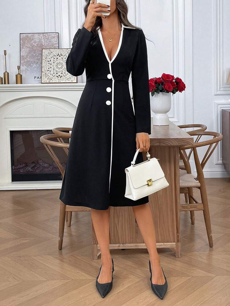 Women's Contrast Color Collar Long Sleeve Button Design Elegant Midi Dress Black Dress Elegant Dresses For Women New Year Clothes Winter Dress Women