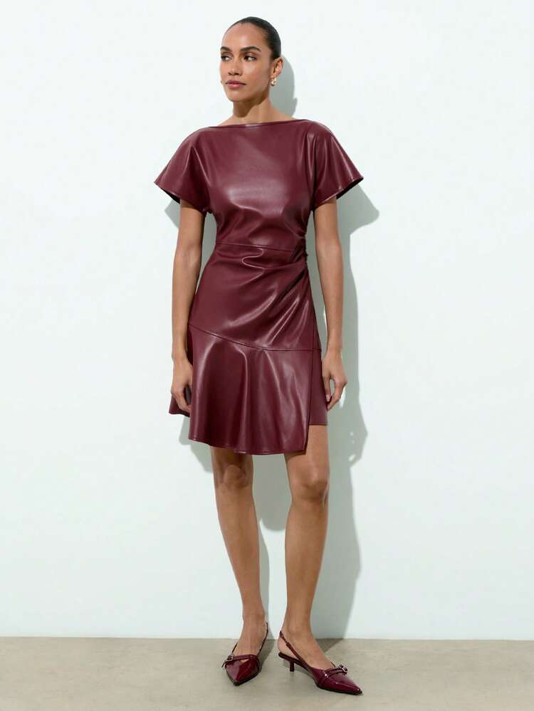 SHEIN Maija Women's Solid Color Boat Neck Bat Sleeve Pleated PU Leather Fashion Mini Dress  Red Dress Women   New Year Women's Clothes  Red Dress For Women