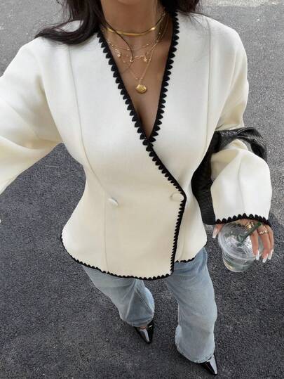 Siren Gaze 2025 New Autumn/Winter Coat For Women, Solid Color Double-Breasted Coat, Contrast Color Shell Embroidered Jacket, Suitable For Daily Street Wear, Oblique Collar, Coat, Cream Color Women, Autumn/Winter Casual Slim Fit Jacket, Women Winter, Women's Winter Clothing, Women's Outdoor French Style Apparel,Winter Casual, New Year Clothes White Blazer Women White Jacket For Women White Suit Women's Blazer Blazer Jacket