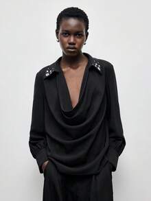 Maija Blusa de manga larga con cuello drapeado y decoración de rhinestones, de corte holgado para mujer