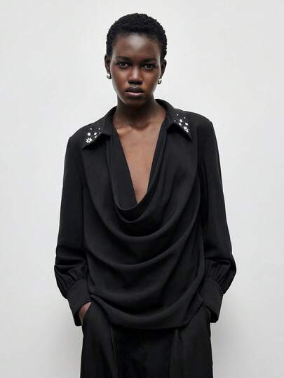 Maija Blusa de manga larga con cuello drapeado y decoración de rhinestones, de corte holgado para mujer