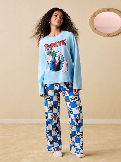 Popeye X SHEIN Women's Casual Cartoon Pattern Drop Shoulder Long Sleeve Top And Pants Pajama Set, Autumn Cartoon Pajamas