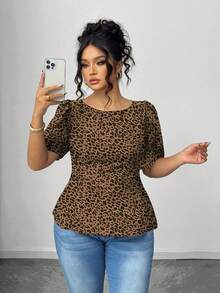 Elenzga Chemise décontractée grande taille à imprimé léopard et pois avec design à nœud dans le dos