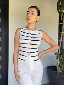 Andrea Bello Áo vest nữ cao bồi miền Tây đồng quê sọc cổ thuyền mùa hè cài nút phía trước xẻ tà không tay vừa vặn Nashville - Xanh và trắng - Xem 5