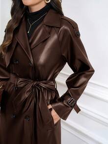 Ellevyn 女士通勤豹纹内衬PU风衣，轻便，适合秋冬季 - 咖啡棕 - 查看 16