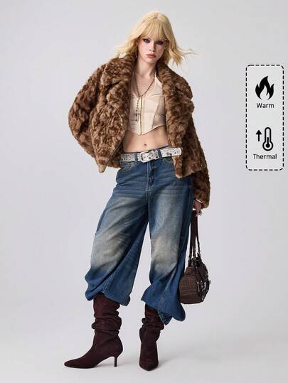 Women's Kpop Loose Fit Long Sleeve Cropped Leopard Print Faux Fur Jacket