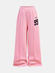 Girlism 少女休闲学院风街头字母数字印花圆领卫衣搭配高腰阔腿直筒针织裤套装，灰色返校穿搭套装，灰色女童运动裤套装 - 彩色 - 查看 12