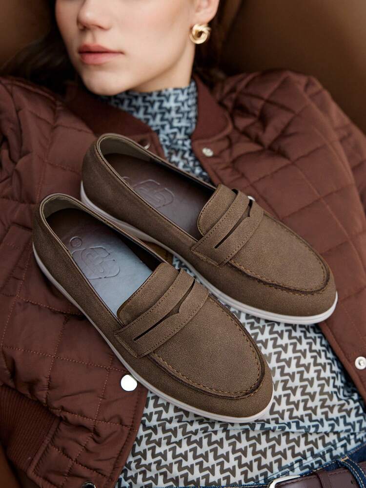 CUCCOO BIZCHIC Women's Comfortable Round Toe Flat Shoes, Fashionable Suede-Like Casual Slip-On Flats, Deep Coffee Color, Suitable For Spring/Summer Daily Commute