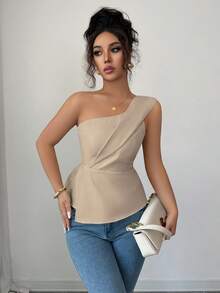 Elenzga Camiseta sin mangas de unicolor con bajo asimétrico para uso diario en verano - Caqui - Ver 4