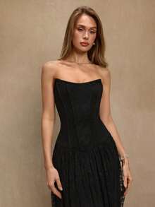 SHEIN BAE Schwarzes ärmelloses Spitzenkleid mit V-Ausschnitt, Taillenschlitz und Raffung für Damen, geeignet für Cocktailpartys, romantische Dates, Herbst-/Winterschichten, Zusammenkünfte, Partys, Nachtclubs, Halloween, Weihnachten - Schwarz - Übersicht 3
