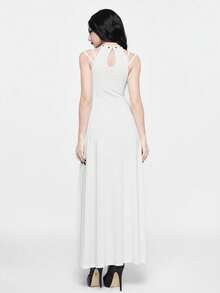 ROMWE Goth Women's Fashion Punk Patchwork Fishnet Halter Bodycon Split Midi Dress - White - View 4