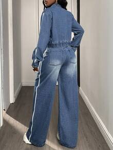 DAZY 女士休闲牛仔外套和阔腿牛仔裤套装，Y2K 秋季款 - 藍色 - 查看 3