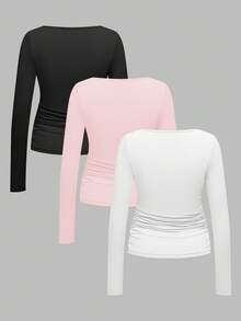 SHEIN 孕妇休闲纯色褶皱修身T恤，秋季孕妇装，孕妇上衣，孕妇衬衫，长袖孕妇上衣，女士孕妇上衣 - 淺粉色 - 查看 2