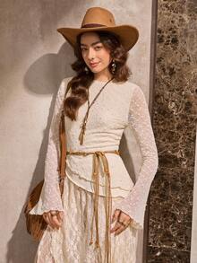 Wildy Women's Casual Asymmetrical Wavy Hem Flare Sleeve T-Shirt, Daily Wear, Autumn/Winter - Apricot - View 4