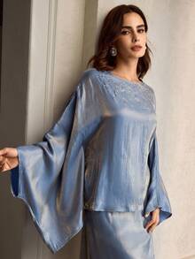 ZEYLAH 优雅长袖长袍连衣裙，水钻点缀，闪亮金属面料，宽松蝙蝠翼造型两件套，适合春秋冬季 - 藍色 - 查看 6