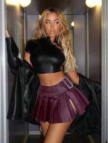 SHEIN ICON Y2k Black 90s Low Rise Buckle Detail Pleated Hem Skirt Sexy - Burgundy - View 2