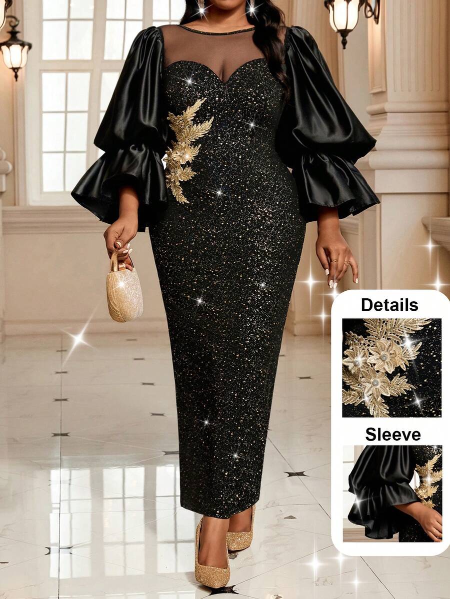 Fleurora Đầm ôm thanh lịch đính sequin đính lưới tương phản cỡ lớn cho nữ