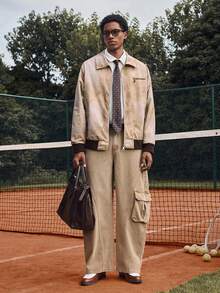 SWAVVY Áo khoác nam tay dài cổ khóa kéo viền tương phản thường ngày, thu/đông - Màu be - Xem 3