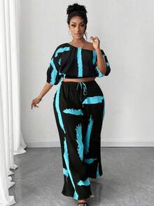 Maweii Plus Size Fashionable Asymmetric Collar Printed 2 Pieces Set - Multicolor - View 3