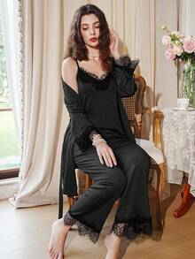 3pcs/Set Ladies Casual Lace Patchwork Pajama Set , Fall Winter Clothes Cozy And Elegant Details - Black - View 3