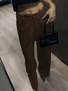 DAZY 女式宽松休闲蕾丝拼布裤 - 咖啡棕 - 查看 5